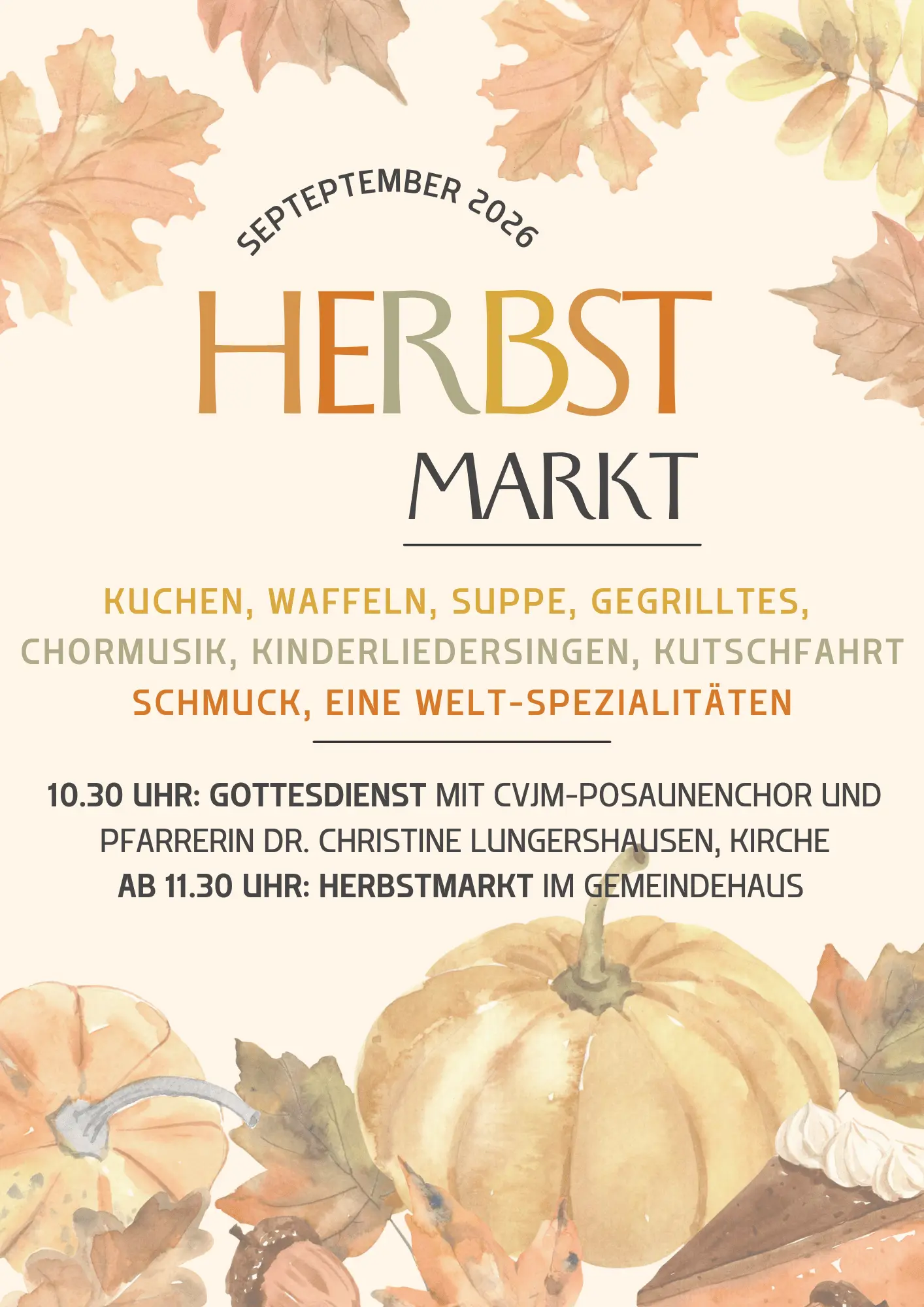Das Bild lädt zum Herbstmarkt ein. Der Text sagt, was es an Angeboten gibt. 