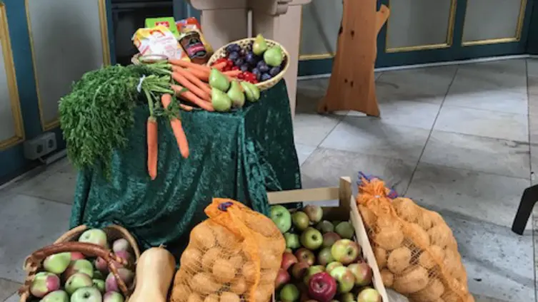 Bunter Erntedankschmuck, Gemüse, Säcke mit  Kartoffeln, Körbe mit Äpfeln, Birnen, Pflaumen und weiteres Obst und Gemüse. Alles vor dem Taufbecken und dem Taufbaum in der evangelischen Kirche Köppern.