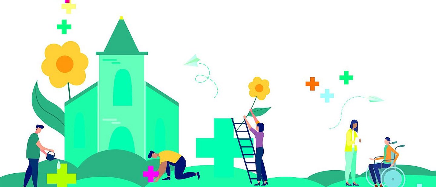 Eine minimalistische Grafik, auf welcher kleine Menschen vor einer grünen Kirche Kreuze wie Blumen gießen und pflegen.