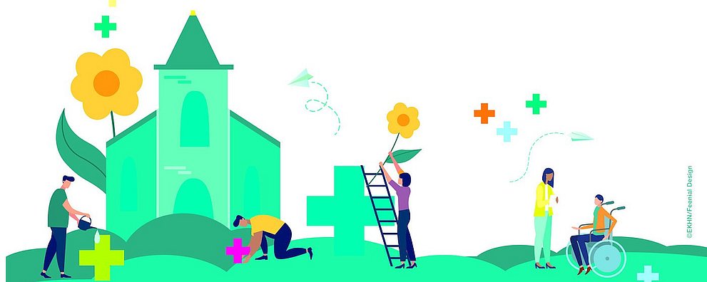 Eine minimalistische Grafik, auf welcher kleine Menschen vor einer grünen Kirche Kreuze wie Blumen gießen und pflegen.