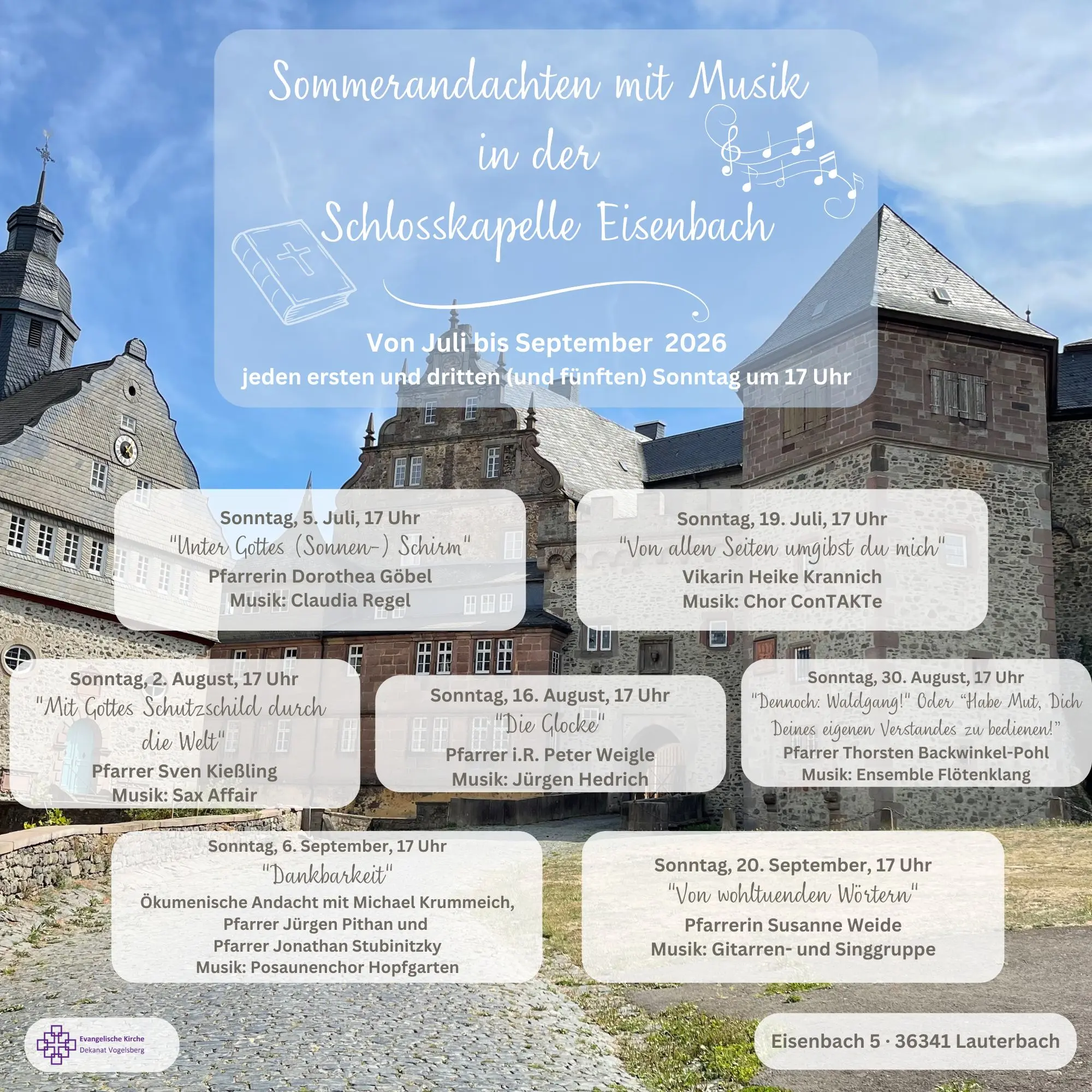 Hinweise auf Andachten; Schloss Eisenbach im Hintergrund