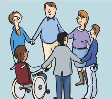 Sechs Menschen stehen in einem Kreis und halten sich an den Händen. Eine Person sitzt im Rollstuhl, die anderen stehen. Die Gruppe wirkt freundlich und einander zugewandt.