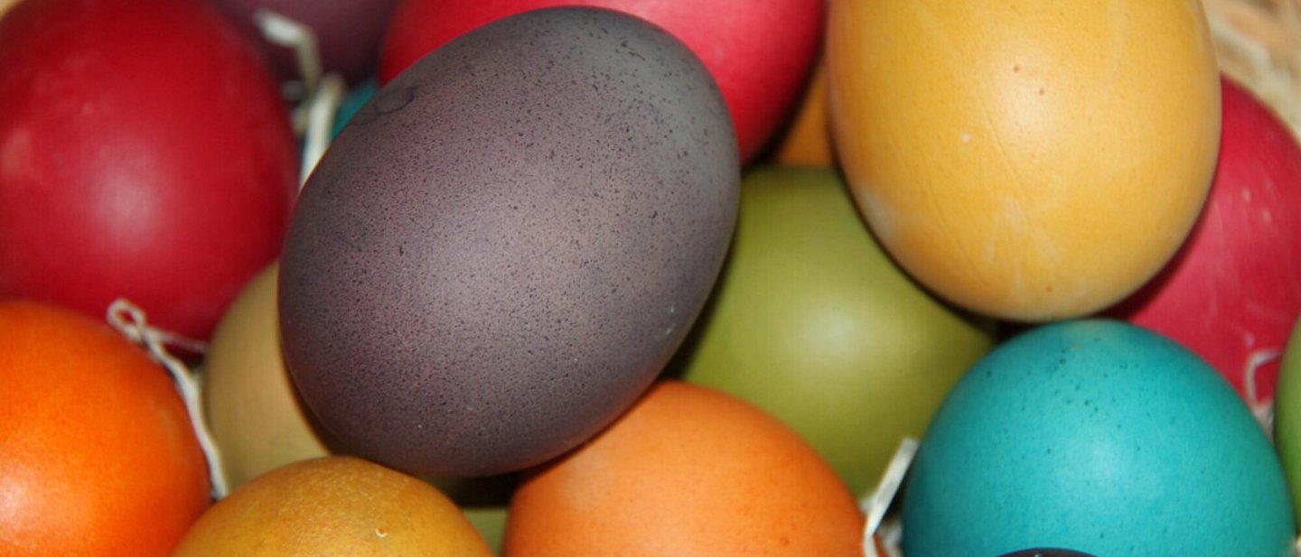 Bunt gefärbte Ostereier liegen im Stroh