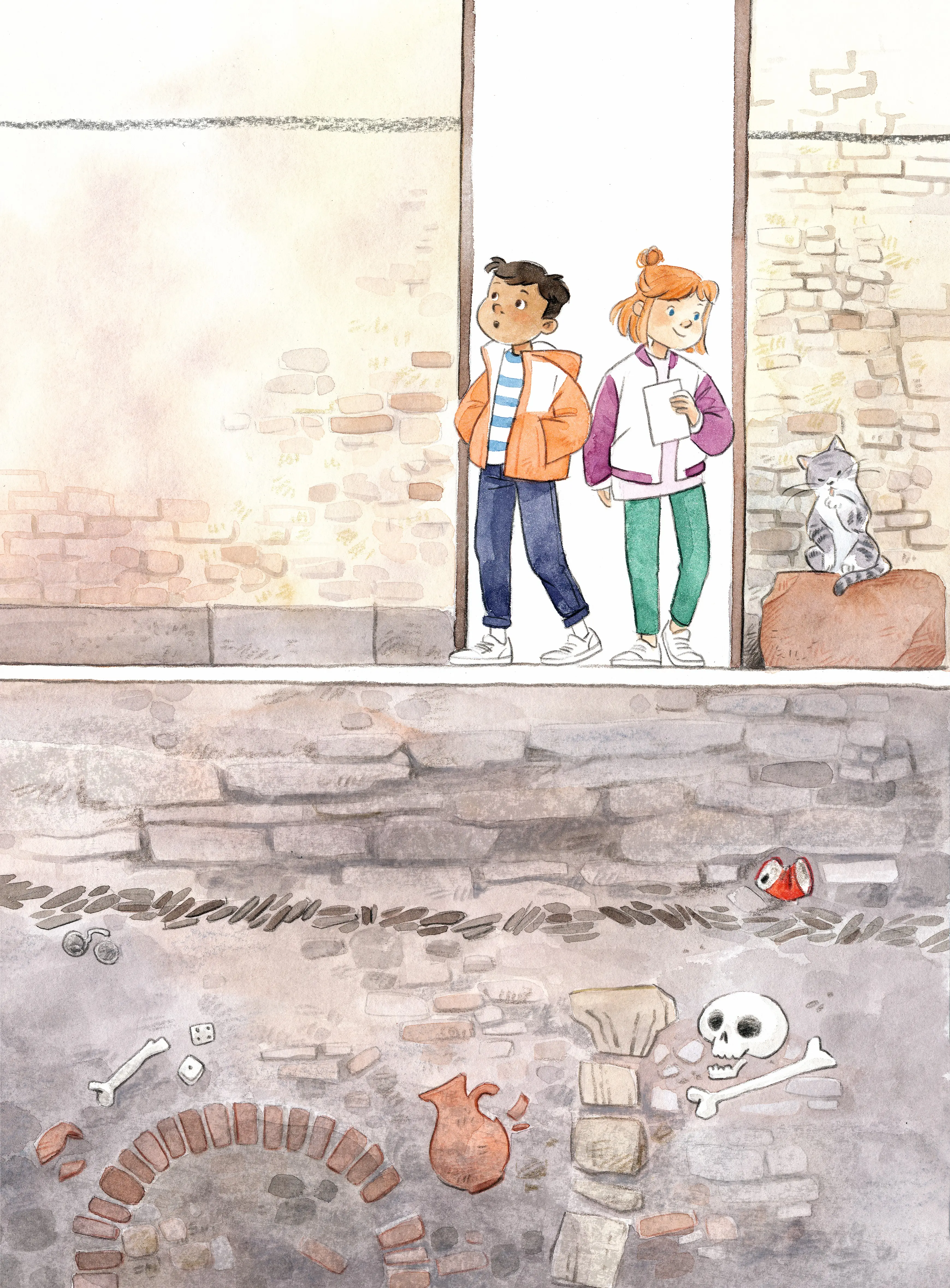 Eine Zeichnung zeigt zwei Kinder, einen Jungen und ein Mädchen, die in den Alten Dom kommen und sich umschauen.