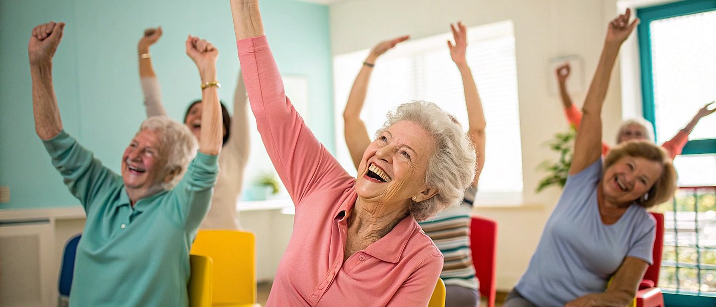 Senioren die Stuhlgymnastik machen