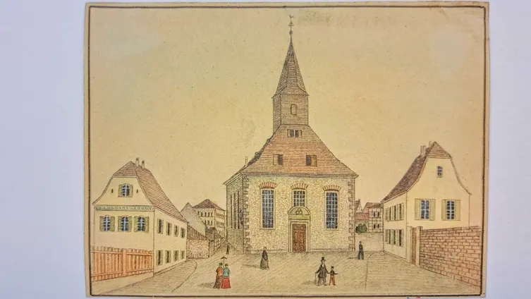 Historische Ansicht der Kirche aus dem Jahr 1854 von Fritz Bamberger