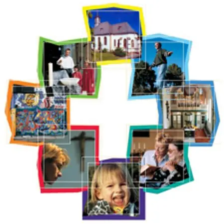 Facettenkreuz mit Bildern der ev. Kirche in Büttelborn