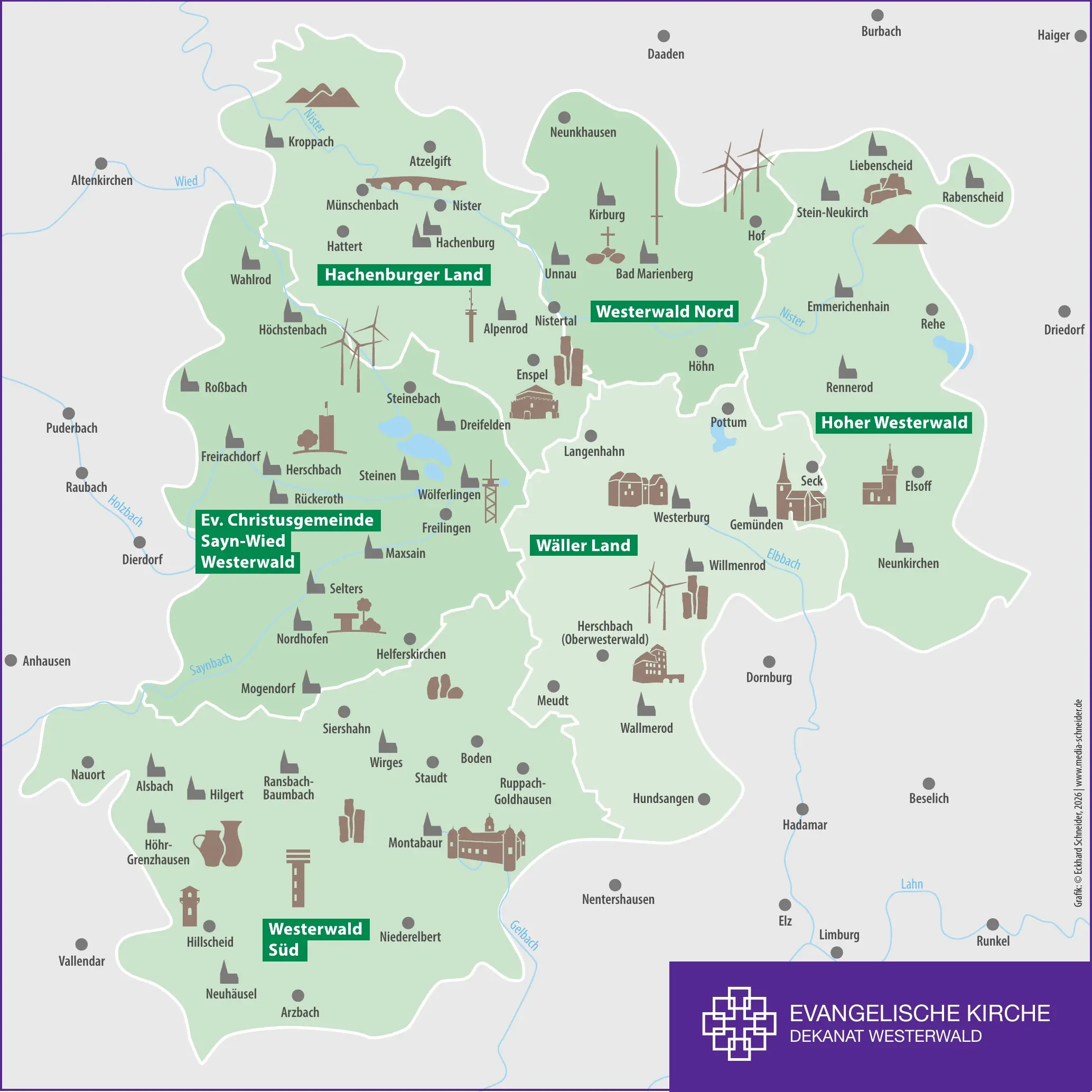 Karte der Nachbarschafträume im Ev. Dekanat Westerwald
