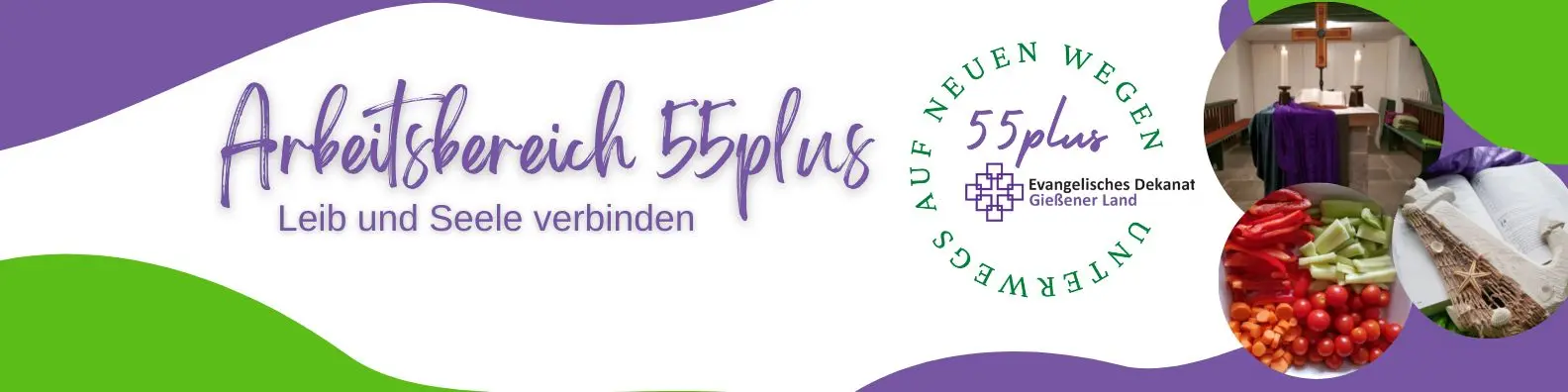 Logo des Arbeitsbereiches 55plus des Evangelischen Dekanates Kirchberg. Runde Schrift: Unterwegs auf neuen Wegen. Innen 55plus, Facettenkreuz der EKHN und Schrift Evangelisches Dekanat Gießener Land