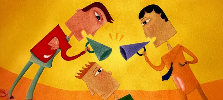 Eine farbenfrohe Illustration zeigt drei stilisierte Personen mit eckigen Gesichtern. Zwei von ihnen stehen sich gegenüber und sprechen durch Megafone, während eine dritte Person zwischen ihnen steht und zuzuhören scheint. Die Szene wirkt dynamisch und stellt eine lebhafte Diskussion dar.