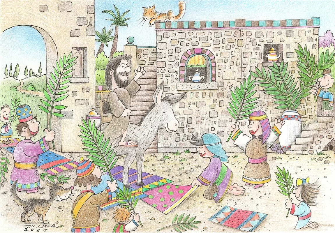 Bunte Zeichnung von Jesus beim Einzug in Jerusalem, der von Menschen mit Palmzweigen begrüßt wird