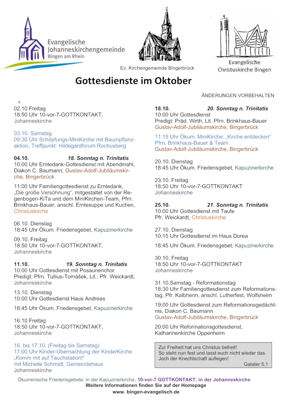 Gottesdienstplan für Oktober 2026