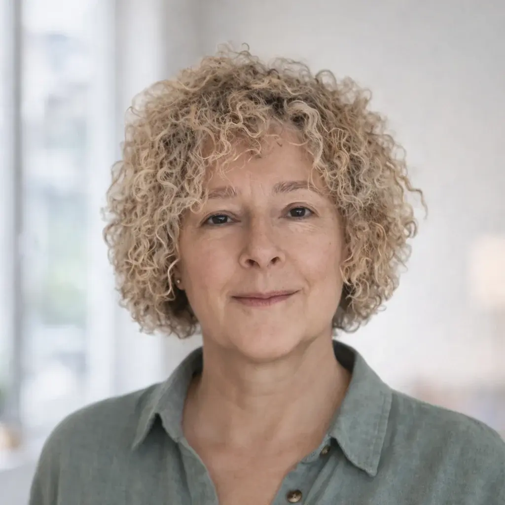 Ein Portrait von Steffi Sohn vor einem unscharfen Hintergrund mit einem Fenster