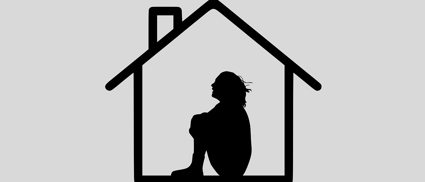 Grafik: Ein zusammengekauerte Figur sitzt in einem Häuschen 