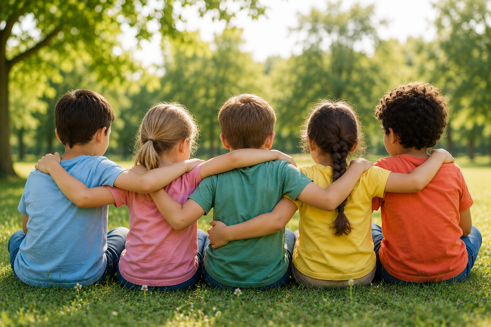 5 Kinder  sitzen auf einer Wiese mit dem Rücken zur Kamera. Sie haben sich gegenseitig den Arm um die Schultern gelegt und schauen gemeinsam nach vorne.