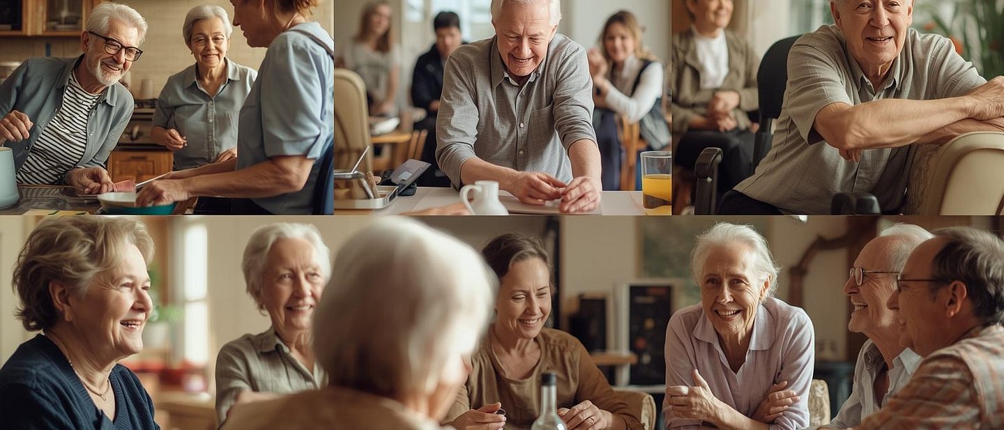 Bildercollage mit Senioren bei verschieden Tätigkeiten: Reden, Spielen, Kochen