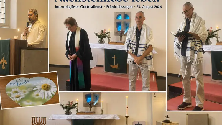 Bildcollage zu einem Gottesdienst mit christlicher, jüdischer und muslimischer Beteiligung