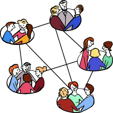 Mehrere kleine Gruppen von Menschen stehen in Kreisen zusammen und sind durch Linien miteinander verbunden – ein Symbol für ein vernetztes Miteinander.