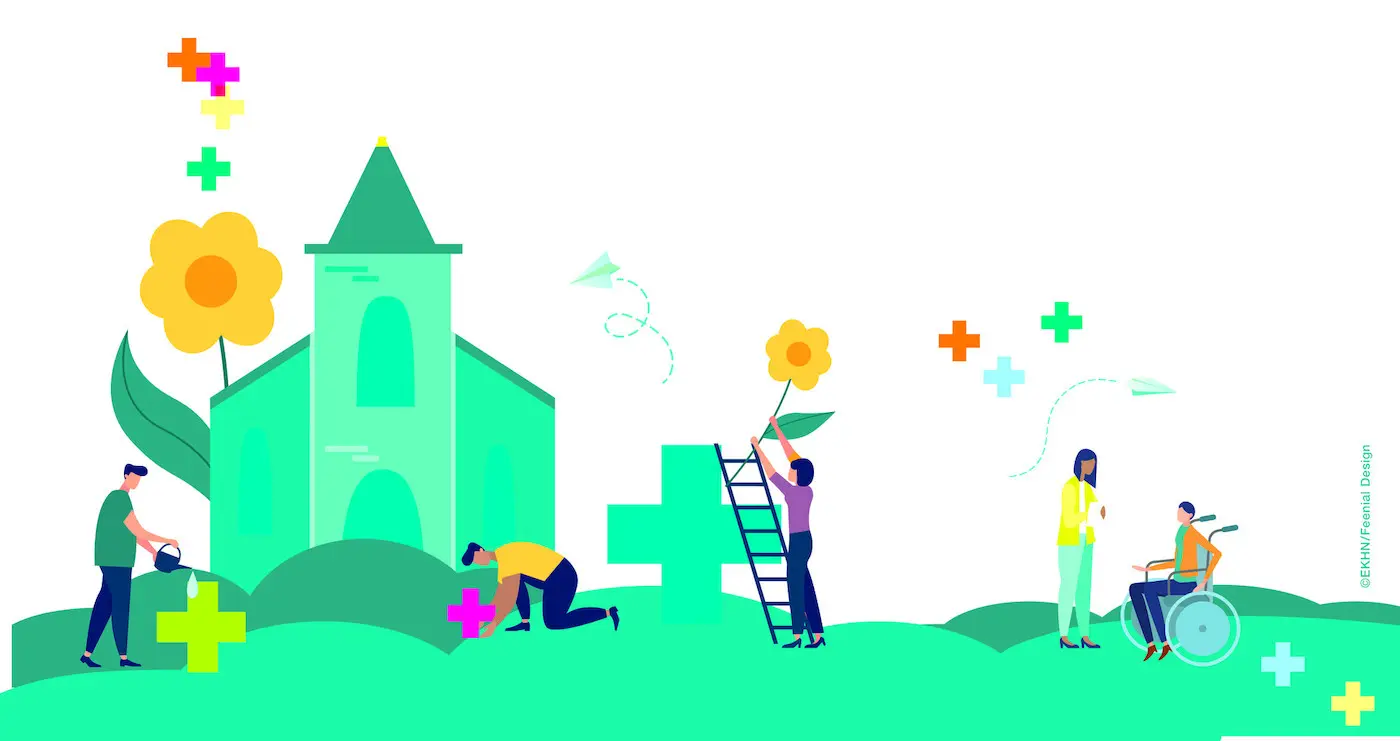 Eine minimalistische Grafik, auf welcher kleine Menschen vor einer grünen Kirche Kreuze wie Blumen gießen und pflegen.