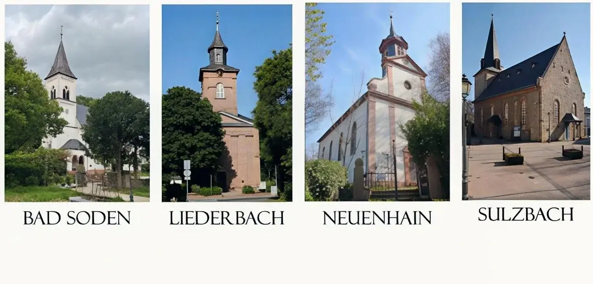 Vier Kirchengebäude aus den Orten Bad Soden, Liederbach, Neuenhain und Sulzbach
