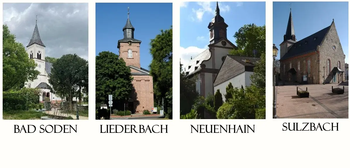 Vier Kirchengebäude aus den Orten Bad Soden, Liederbach, Neuenhain und Sulzbach