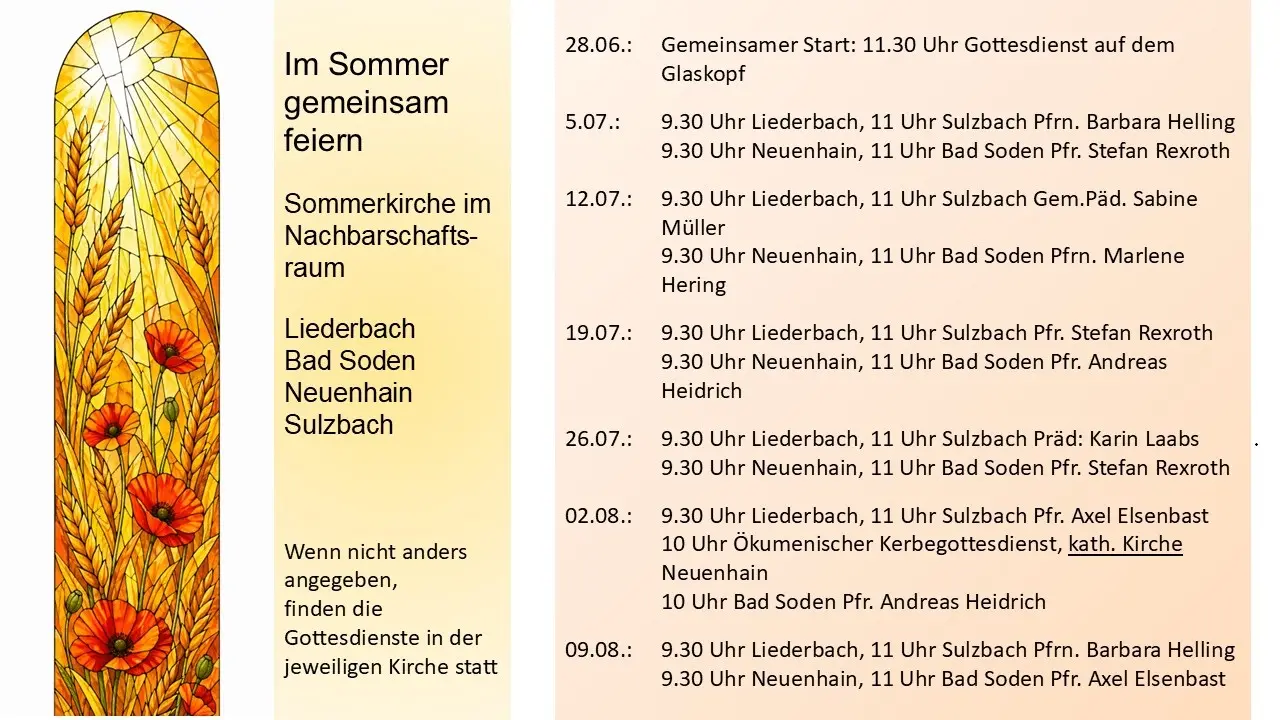 Auflistung der Termine, Orte und Pfarrpersonen für die Sommergottesdienste