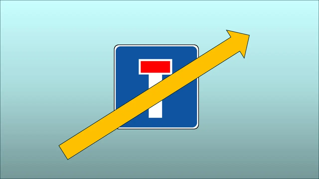 Ein goldener Pfeil liegt über einem Sackgassenschild