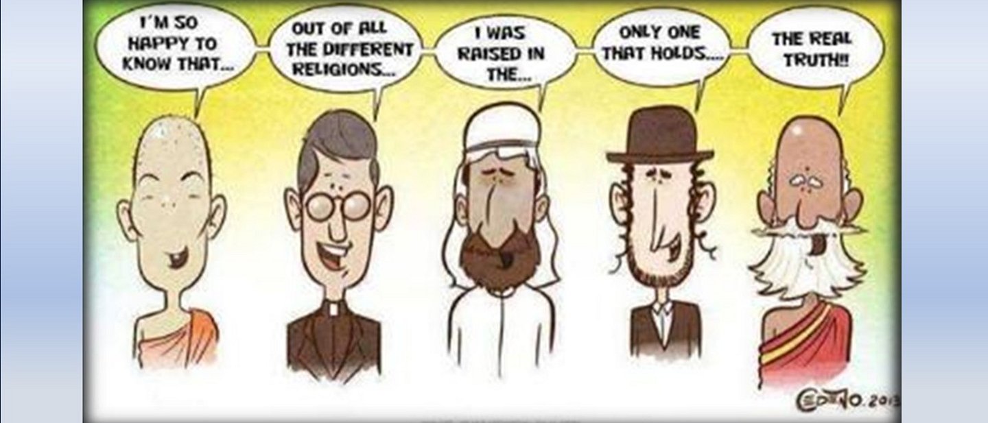 Ein Cartoon zeigt 5 Personen unterschiedlicher Religionen. Jeder behauptet, die echte Wahrheit zu besitzen.